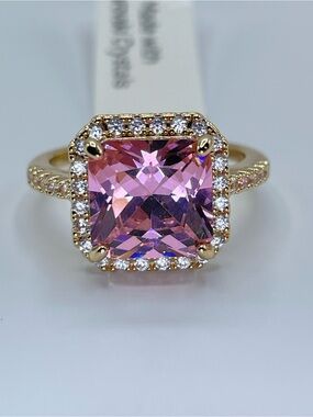 Swarovski Crystal Elements Pink Princess Cut Halo Art Deco Statement Ring Size 9